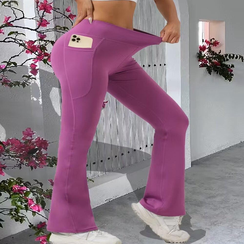 Women's High-Waist Pocket Flare Leggings in Magenta